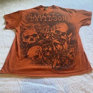 Harley Davidson T Shirt Skulls Men's XL Orange Unique Design Charlotte NC Back J